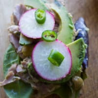 an open tuna sandwich topped with radishes, avocado slices and green onions