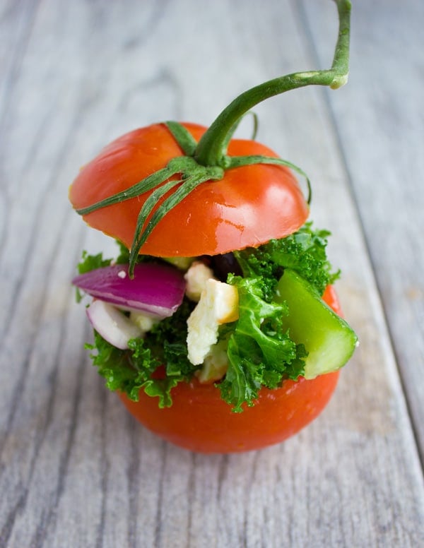 side view of a Kale Greek Salad Stuffed Tomato