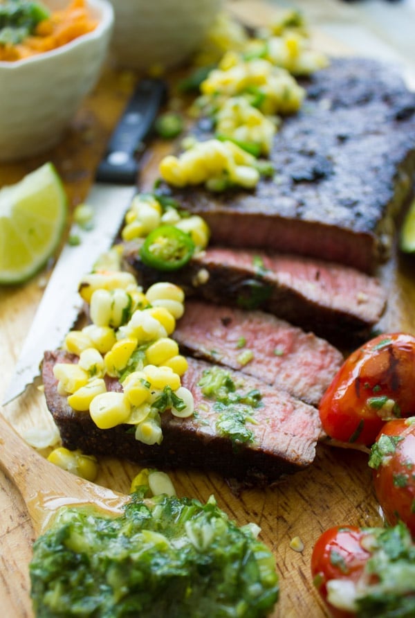 Grilled Sirloin Steak with Cilantro Corn Salsa. This is absolutely a no miss recipe while Grill Season is still on! Succulent mouthwatering grilled steak with a zesty, spicy, sweet and tangy cilantro corn salsa that takes steak to a whole new level! Quick, easy, simple 20 mins real meal deal! www.twopurplefigs.com