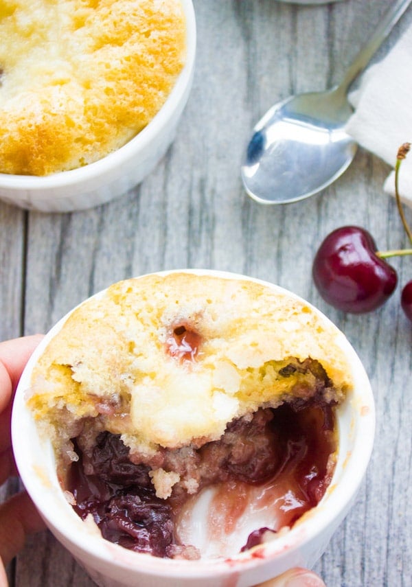 a half eaten Sweet Cherry Buckle in a small white rameking