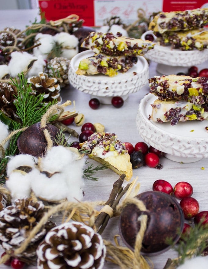 The corner part part of crnaberry pistachio biscotti with scattered cranberries