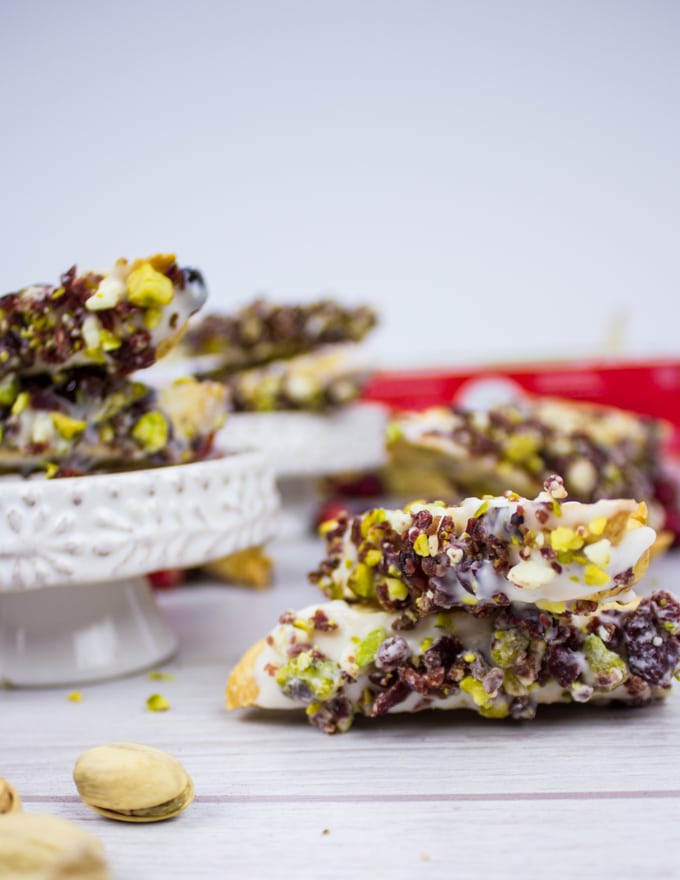 Cranberry Pistachio Biscotti stacked up