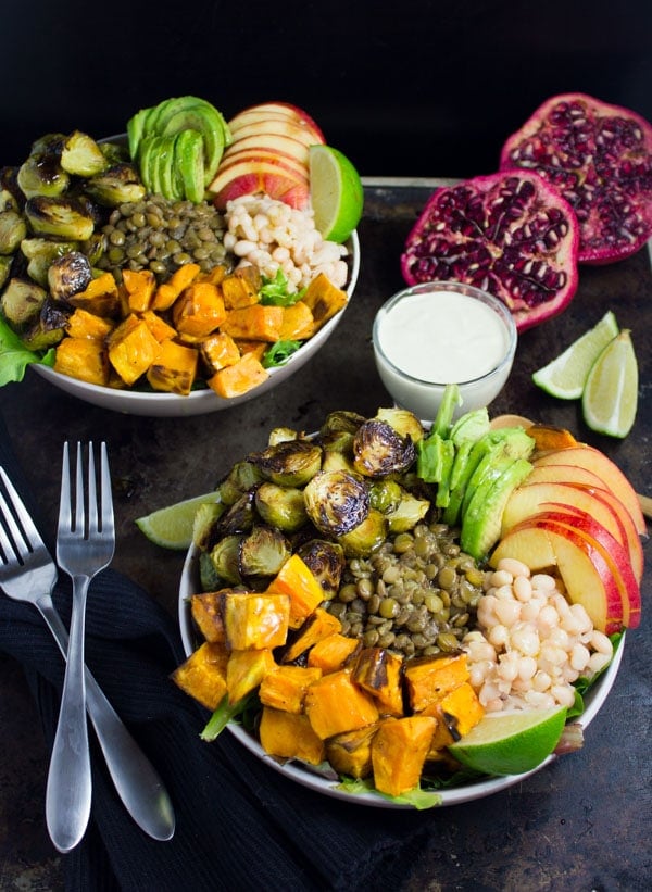 Lentil Fall Harvest Buddha Bowl with Tahini Dressing on the side