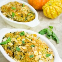 Easiest Roasted Butternut Squash Gratin. This quick and easy side dish makes the perfect addition to your Holidays, Potluck or every day meals! It's a combo of roasted butternut squash, basil cream, breadcrumbs and almonds--Seriously good stuff! Full recipe and step by step at www.twopurplefigs.com