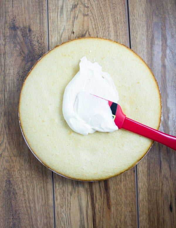 a vanilla cake being topped with vanilla whipped cream