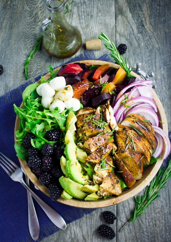 overhead shot of Italian Balsamic Chicken Salad with blackberries, arugula and beets - chicken salad recipe