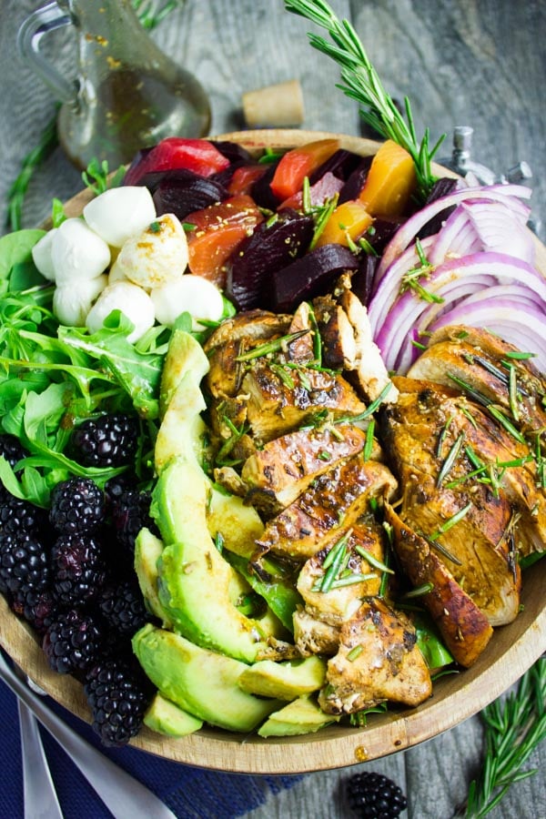 overhead shot of a Italian Balsamic Chicken Salad Recipe with blackberries, avocado, bocconcini and blackberry dressing