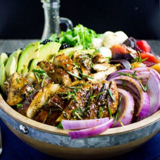 Italian Balsamic Chicken Salad Recipe. Cooking for one, two or a crowd--this easy and quick, super delicious and filling salad is all you need! Dressed with a Blackberry Balsamic Vinaigrette that pops up the flavors. Get this recipe today! www.twopurplefigs.com