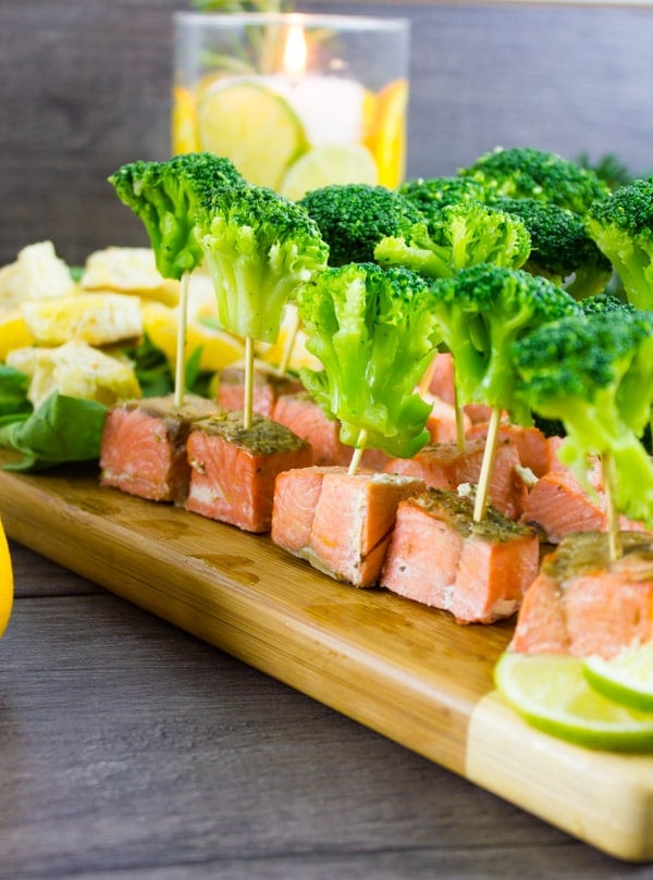 broccoli salmon bites on a wooden board