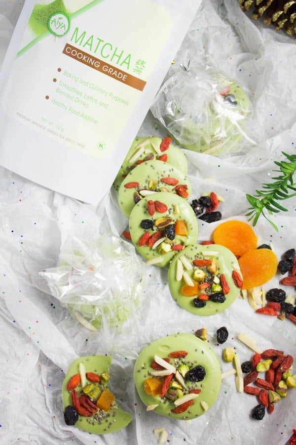 overhead shot of Superfood Matcha Green Tea Chocolate Bark on crinkled parchment paper