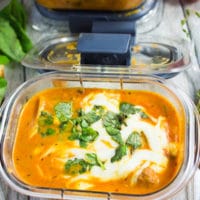 overhead shot of lasagna soup in a rubbermaid container