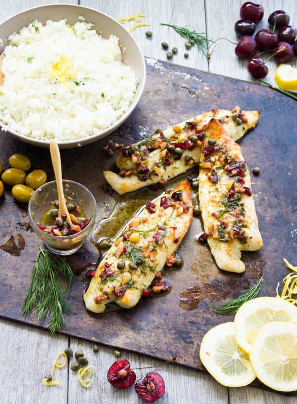 Baked Fish With Dill Cherry Salsa And Lemon Cauliflower Rice. get ready for some serious seafood deliciousness in life! easy, quick, healthy and succulent baked fish with tips and tricks to make perfect fish every single time! www.twopurplefigs.com