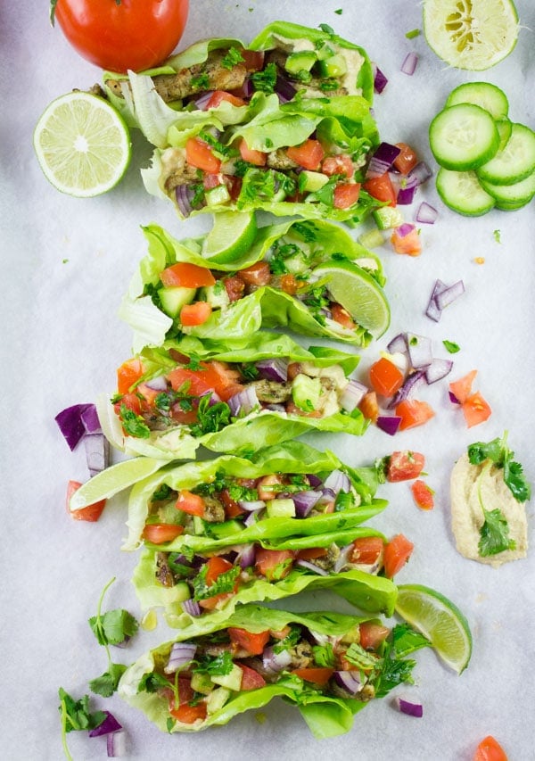 Overhead-shot of homemade Chicken Shawarma served lettuce cups