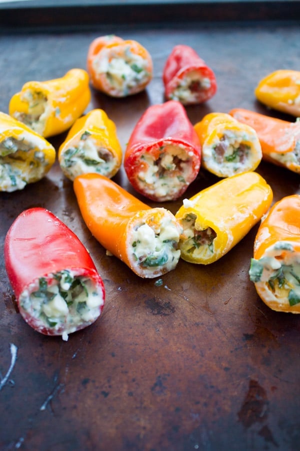 mini bell peppers filled with zesty feta cream ready to be cooked