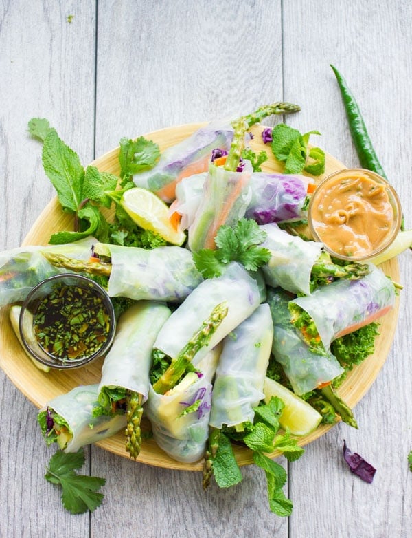 Thai Style Rice Paper Rolls with Two Dipping Sauces. Easy, fresh, simple and utterly delicious! So many tips, ideas and varieties to make these for a special occasion or quick snack! get the recipe www.twopurplefigs.com