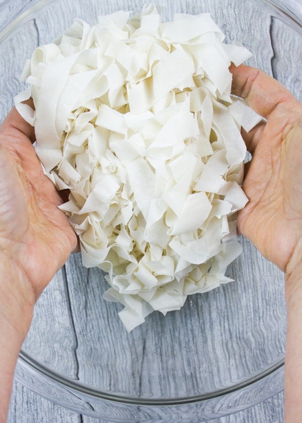 Filo Dough shreds in a glass bowl