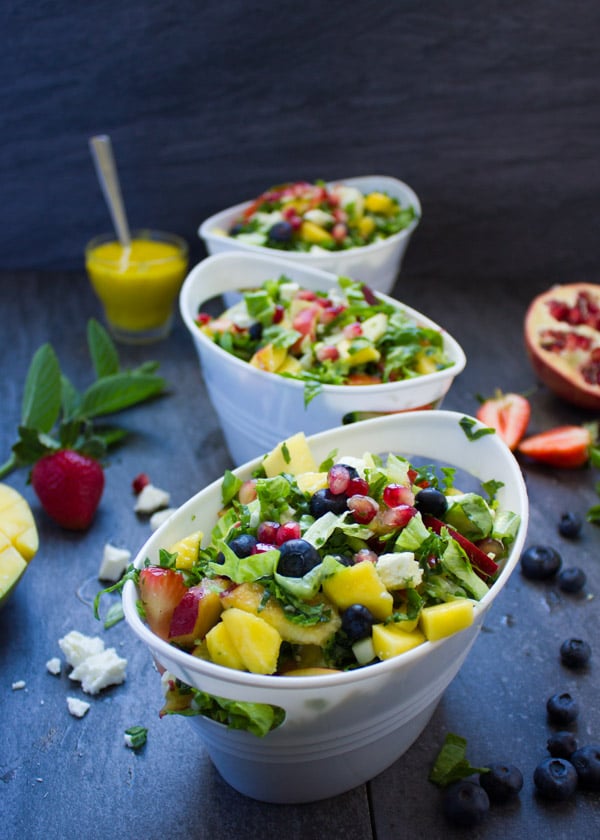 Fruity Greek Salad With Sweet Mango Salad Dressing served in three little salad bowls