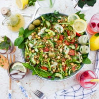 Healthy Mediterranean Farro Salad in a big salad bowl