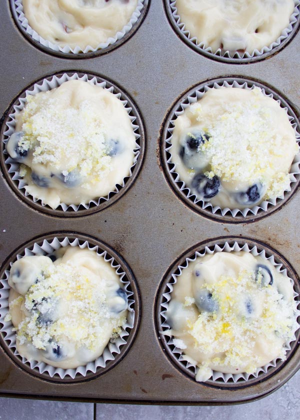 Blueberry Muffins with Lemon Sugar Crunch ready to go into the oven