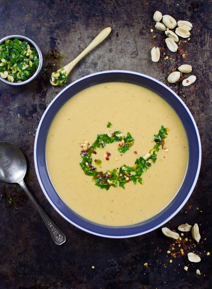 creamy peanut soup with peanut crunch herb pistou