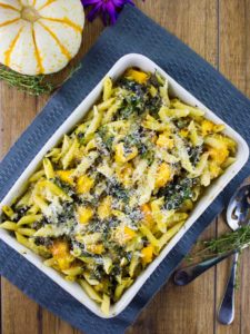 Fall Baked Pasta with Roast Pumpkin, Kale and Mushrooms.