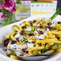 Holiday Turkish Pasta With Yogurt Sauce. This pasta dish is a HIT at every party because of the creamy, tangy and refreshing yogurt sauce! It's spiked with garlic, herbs, Brussel sprouts and sweet cranberries for the Holidays! Recipe and Video at www.twopurplefigs.com #ad #ChooseChickapea