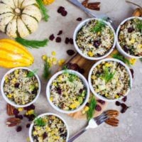 Quinoa Stuffing with Corn Cranberries Pecans and Dill. Single serve crazy delicious, easy, sweet, crunchy and ultra comforting stuffing! This recipe is one you'll be making over and over--and not just for Thanksgiving! Recipe at www.twopurplefigs.com