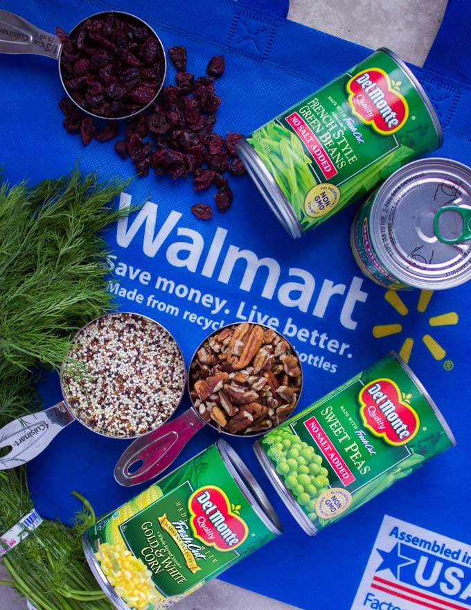 ingredients for quinoa stuffing arranged on a walmart bag