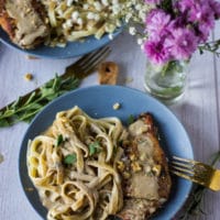 A single plate of the chicken dinner showing the pasta on one side drenched in walnut sauce and the chicken on the other side. A fork is shown on the side of the plate and a small vase of flowers.