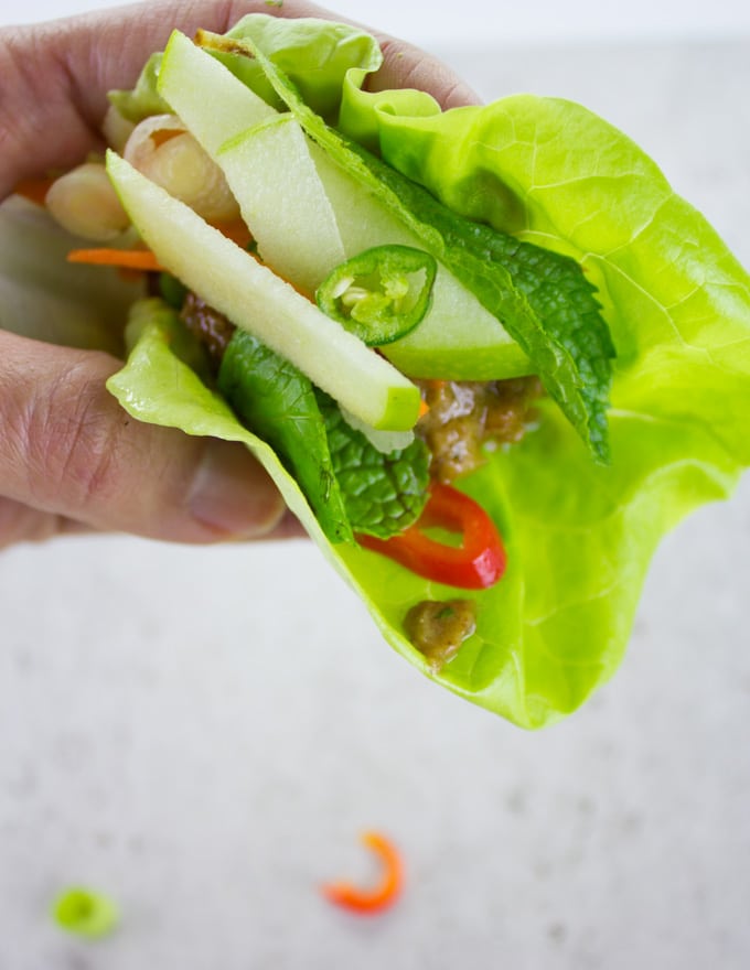 a hand holding a Thai Chicken Meatballs lettuce wrap with Apple Peanut Sauce