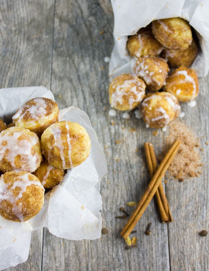 Baked Donut Holes with Cinnamon Sugar and Vanilla Glaze. The quickest most divine way to enjoy some donut comfort! 