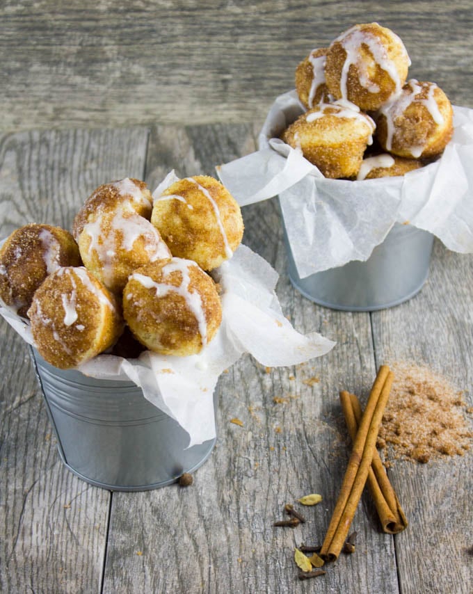 Baked Donut Holes with Cinnamon Sugar and Vanilla Glaze. The quickest most divine way to enjoy some donut comfort! 