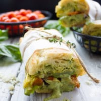 Roast Veggie Sandwich with Basil Sauce. Light as air, fresh and loaded with flavors! Meet your new favorite beach trip, picnic, hiking and all outdoor fun sandwich!