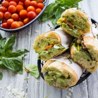 Roast Veggie Sandwich with Basil Sauce. Light as air, fresh and loaded with flavors! Meet your new favorite beach trip, picnic, hiking and all outdoor fun sandwich!