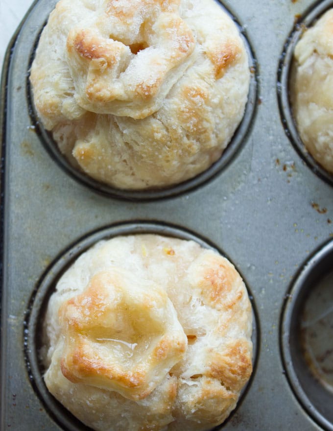 freshly baked whole apricot pies in a muffin tin 