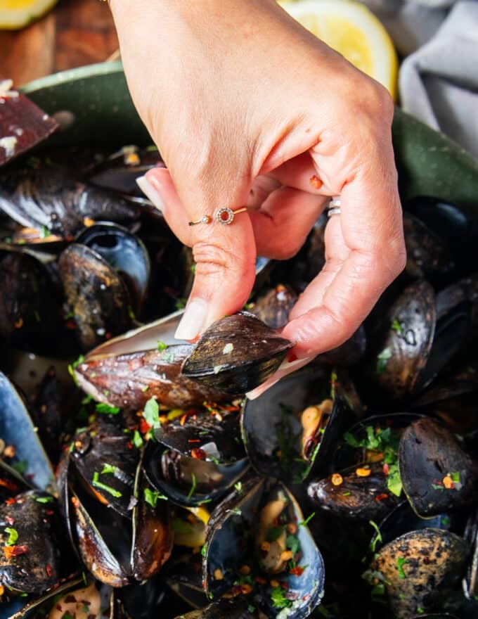 a hand holding a mussel sealed after cooking so it must be discarded 