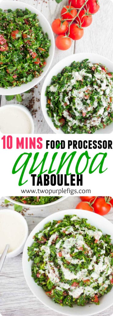 Quick Quinoa Tabouleh with Tahini sauce | www.twopurplefigs.com | This is the easiest and quickest way to make tabouleh salad using a food processor! Serve this healthy Lebanese salad with my creamy tahini dressing. #quinoa, #healthy, #lebanese, #vegan, #easy, #tahini, #gluten-free, #paleo 