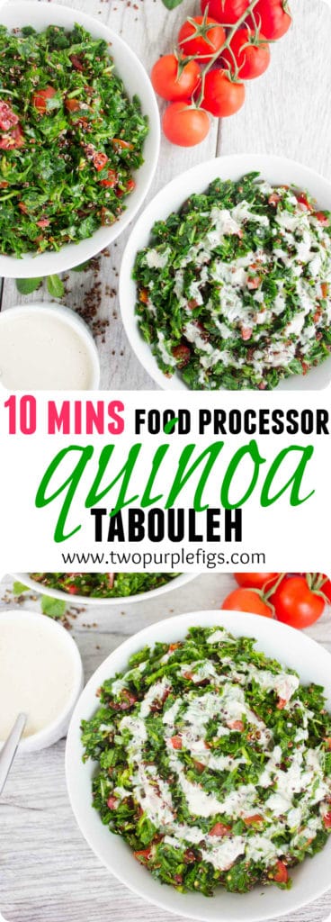 Quick Quinoa Tabouleh with Tahini sauce | www.twopurplefigs.com | This is the easiest and quickest way to make tabouleh salad using a food processor! Serve this healthy Lebanese salad with my creamy tahini dressing. #quinoa, #healthy, #lebanese, #vegan, #easy, #tahini, #gluten-free, #paleo 