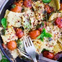 15 Minute One-Pan Ravioli with Tomatoes, Fresh Basil and Navy Beans | A quick vegetarian pasta recipe for busy weeknight dinners | www.twopurplefigs.com | #pasta, #easy, #onepot, #onepan, #vegetarian, #quick, #cheap, #Italian