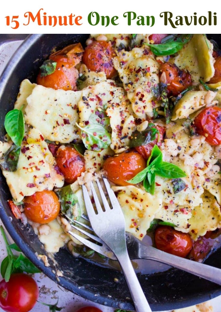 15 Minute One-Pan Ravioli with Tomatoes, Fresh Basil and Navy Beans | A quick vegetarian pasta recipe for busy weeknight dinners | www.twopurplefigs.com | #pasta, #easy, #onepot, #onepan, #vegetarian, #quick, #cheap, #Italian 