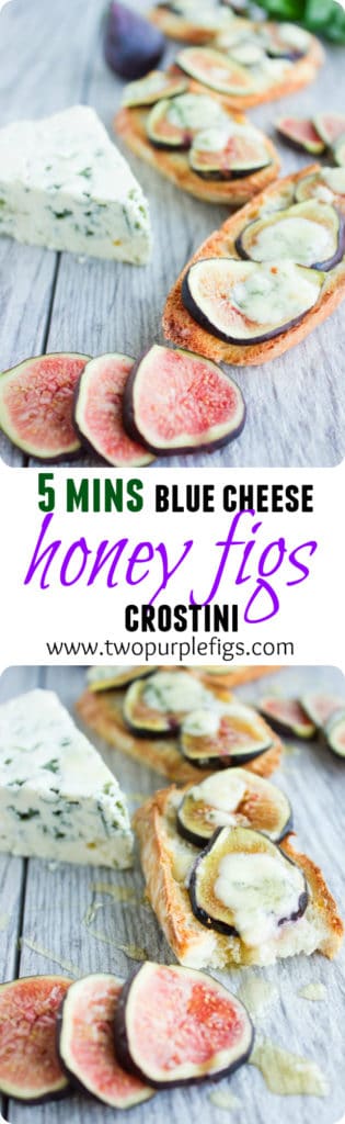 Blue Cheese Fig Crostini with honey | the perfect quick and easy last-minute appetizer or finger food to serve to guests! Serve these gorgeous creamy and fruity crostini fresh out of the oven sweetened with a drizzle of honey or balsamic reduction! | www.twopurplefigs.com| #appetizers, #easy, #party, #cold, #entertaining, 