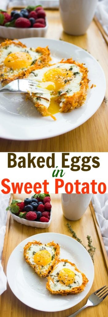 Baked Eggs in Sweet Potato Crust | This is he perfect easy paleo holiday brunch or breakfast recipe! Serve these simple egg cups fresh out of the oven | www.twopurplefigs.com | #easy, #breakfast, #healthy, #paleo, #vegetarian, #cleaneating
