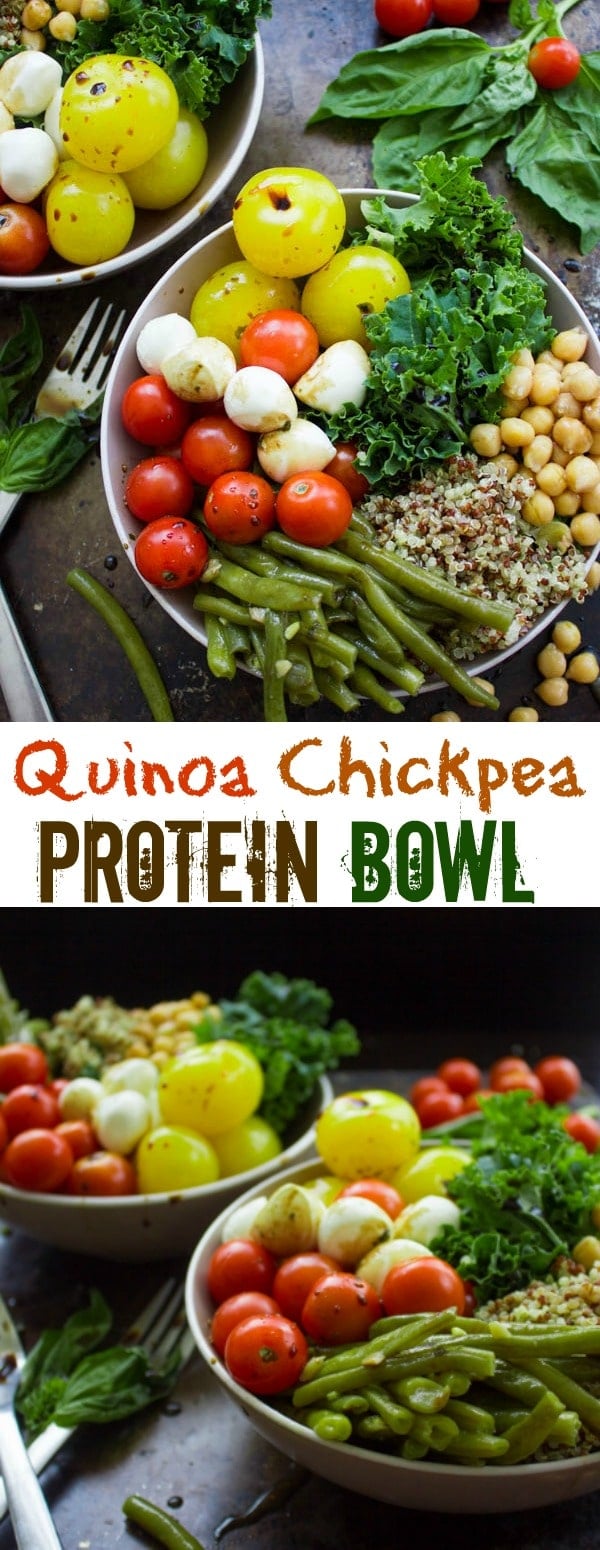 Quinoa Chickpea Protein Bowls - This colourful protein bowl is packed full of good-for-you ingredients, like chickpeas, kale, tomatoes, bocconcini cheese and quinoa and then drizzled with an easy basil-scented balsamic dressing. A healthy protein-packed meal that can be prepped ahead of time. | www.twopurplefigs.com | #healthy, #protein, #vegetarian, #easy, #mealprep, #salad