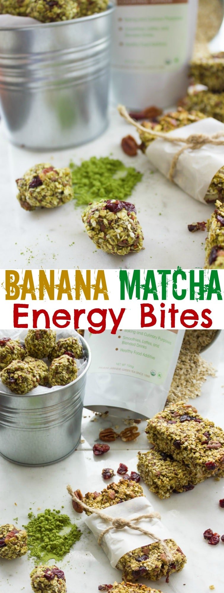 Banana Matcha Energy Bites | These are loaded with seeds, nuts and cranberries and naturally sweetened and flavored with bananas—so no sugar added. Shape them into balls or granola bars for the perfect healthy on-the-go breakfast or snack! Slightly crispy on the outside and ultra chewy on the inside, these are so much better than any store-bought granola bar and so easy to make! #breakfast, #homemade, #superfood, #realfood, #snack,