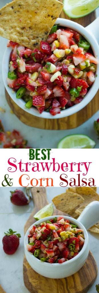 Best Strawberry Corn Salsa | Make this easy healthy vegan salsa for your next girls night or bbq party! Your whole family will love this simple fresh homemade salsa | www.twopurplefigs.com | #easy, #fresh, #healthy, #homemade, #appetizer, #partyfood 