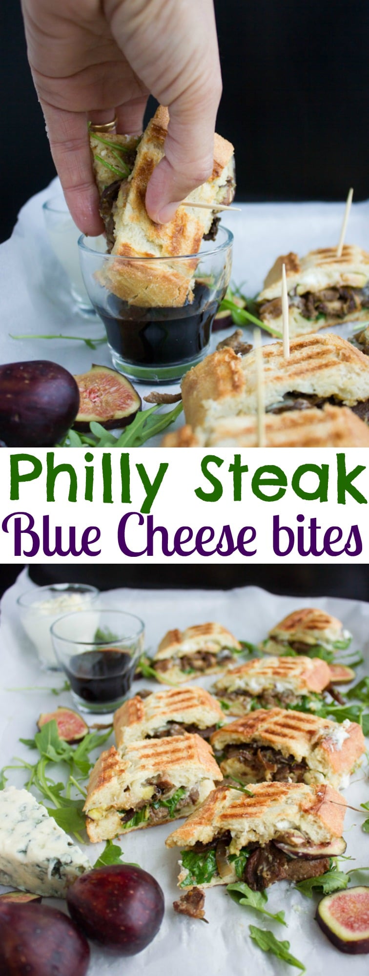 Blue Cheese Philly Steak Sandwich Bites | this recipe is a perfect pick for lovers of steak, sandwiches and finger food! The steak, blue cheese, fresh figs and arugula complement each other beautifully in this delicious Steak Sandwich! | www.twopurplefigs.com | #gourmet, #easy, #grilled, #bbq, #lunches