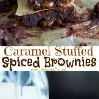 Caramel Stuffed Spiced Brownies - a cayenne-spiced, fudgy brownie with loads of golden caramel oozing out of every bite! Easy to make from scratch and so addictive! | www.twopurplefigs.com | #easy, #fromscratch, #brownie, #baking, #dessert, #fudgey,