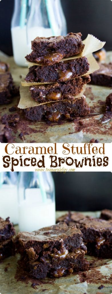 Caramel Stuffed Spiced Brownies - a cayenne-spiced, fudgy brownie with loads of golden caramel oozing out of every bite! Easy to make from scratch and so addictive! | www.twopurplefigs.com | #easy, #fromscratch, #brownie, #baking, #dessert, #fudgey, 