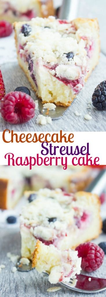 Cheesecake Streusel Raspberry Cake | a buttery layer of vanilla sponge cake, topped with a thin layer of vanilla cheesecake, fresh berries and a generous amount of buttery almond streusel crumb. | www.twopurplefigs.com | #easy, #dessert, #streusel, #fromscratch, #almond, #homemade, #simple, #summer