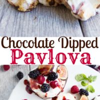 Chocolate Dipped Mini Pavlova | Make this easy recipe for pavlova nests filled with vanilla whipped cream, fresh fruit and raspberry sauce as a romantic dessert for Valentine's Day or any other party! |www.twopurplefigs.com| #easy, #fruit, #pavlova, #meringue, #valentinesday, #australian, #romatic, #light,